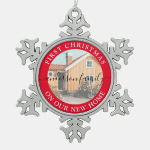 Modern Red First Christmas on our New Home Photo  Snowflake Pewter Christmas Ornament