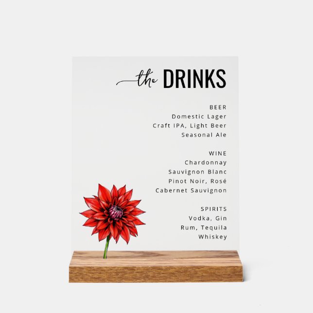 Modern Red Floral Beverage Menu Acrylic Sign (Front)
