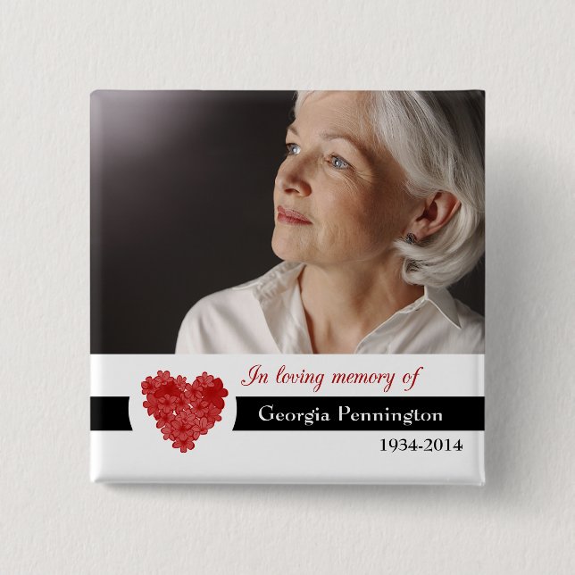 Modern red floral heart in memory of photo button (Front)