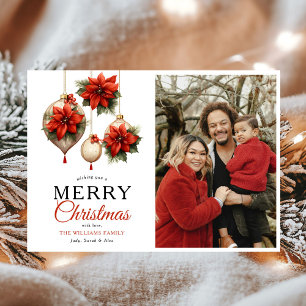 Modern Red Floral Ornaments Merry Christmas Photo Holiday Card