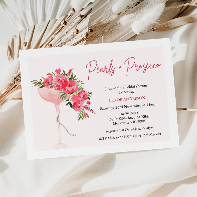 Modern Red Floral Pearls Prosecco Bridal Shower  Invitation (Modern Red Floral Pearl and Prosecco Bridal Shower Invitation, Pearls Prosecco Invitation Template)