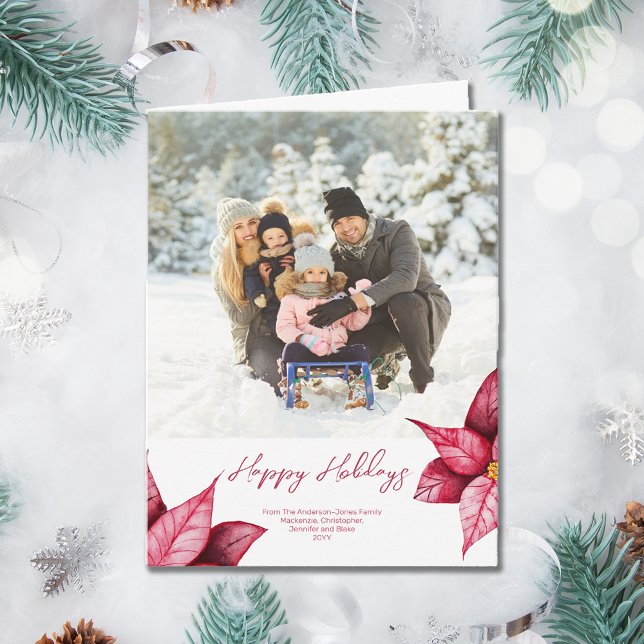 Modern Red Floral Photo foldedHoliday Card (FRONT)