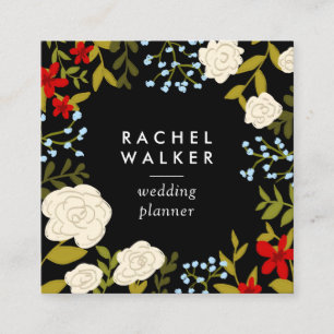 Modern red floral square planner business card