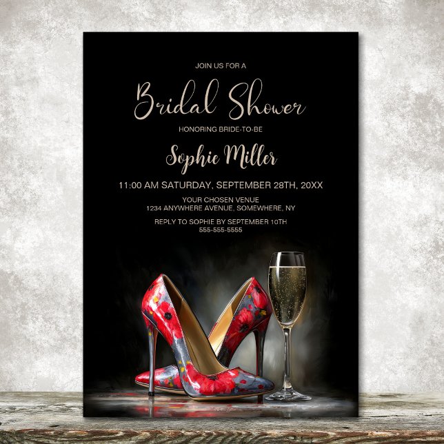 Modern Red Floral Stiletto Shoes Bridal Shower Invitation (Creator Uploaded)
