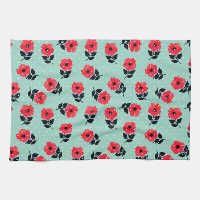 Modern Red Flowers Aqua Blue Polka Dots Tea Towel (Horizontal)