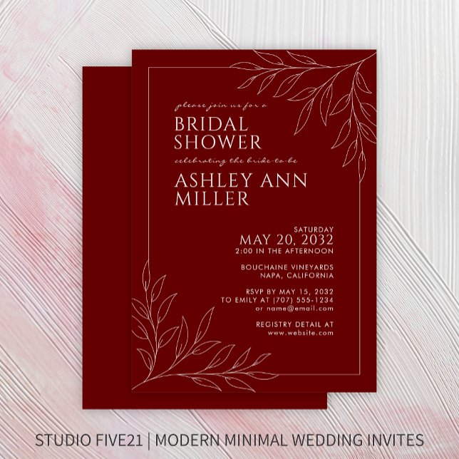 Modern Red Foliage Outline Wedding Bridal Shower Invitation (Creator Uploaded)