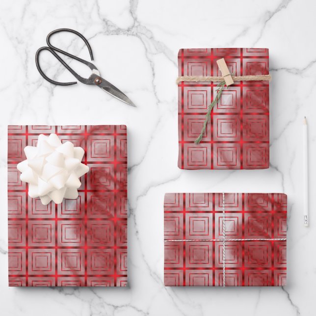 Modern Red Geometric Pattern And Burgundy Marble Wrapping Paper Sheet (Front)