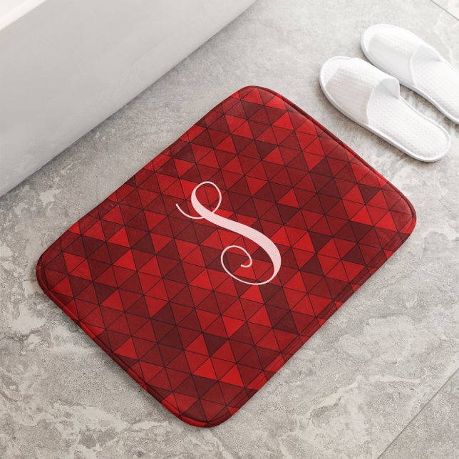 Modern Red Geometric Triangles Custom Monogram Bath Mat (Creator Uploaded)