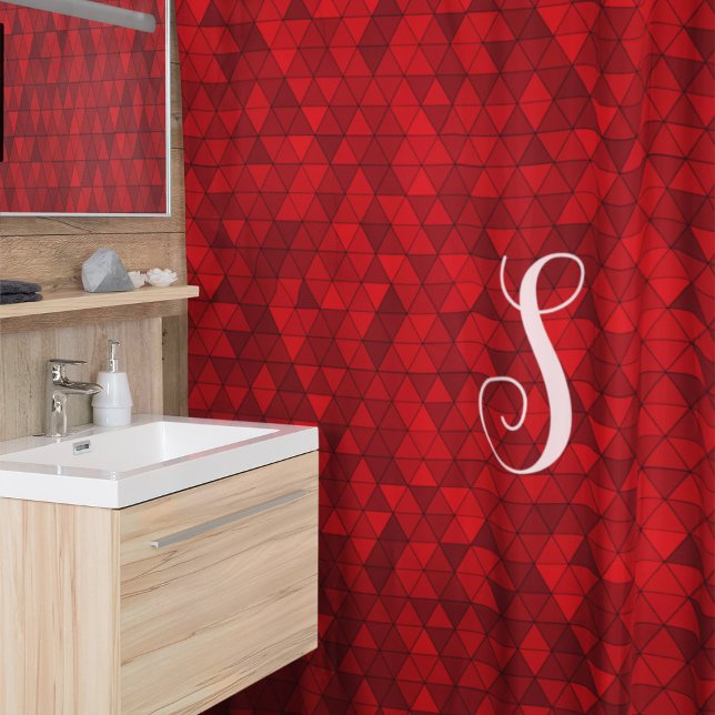 Modern Red Geometric Triangles Custom Monogram Shower Curtain (Creator Uploaded)