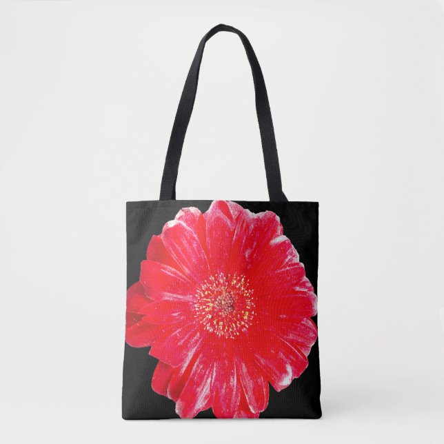 Modern Red Gerbera Daisy on Black Shoulder Tote Bag (Front)