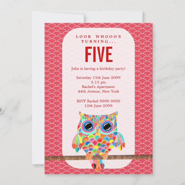 Modern Red Girls Birthday Party Rainbow Owl Invite (Front)