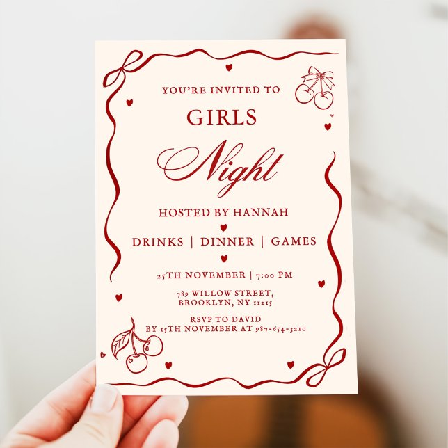 Modern Red Girls Night Dinner Party  Invitation (Creator Uploaded)