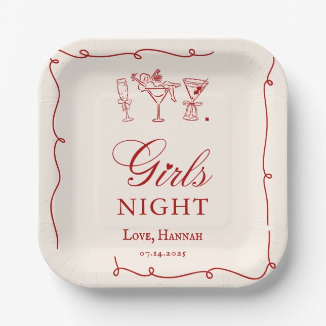 Modern Red Girls Night Dinner Party Paper Plate (Front)
