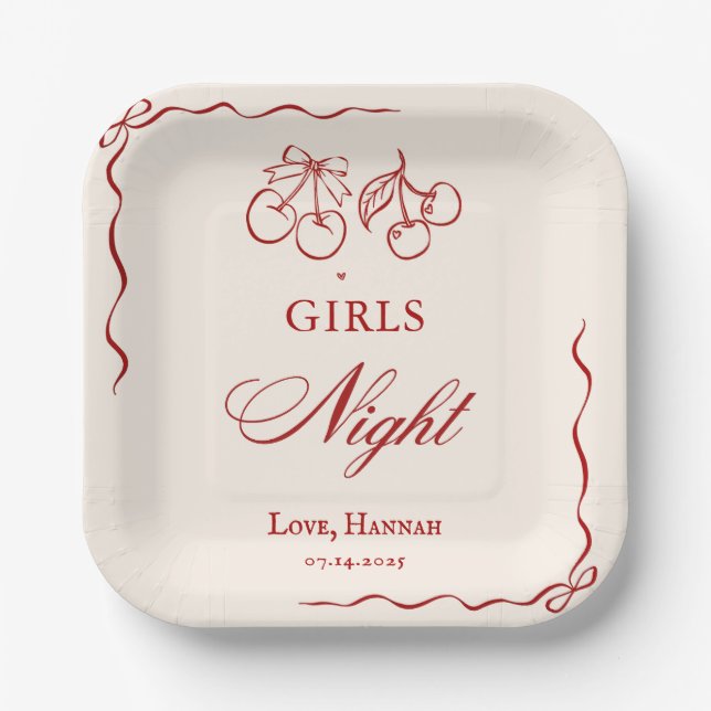 Modern Red Girls Night Dinner Party Paper Plate (Front)