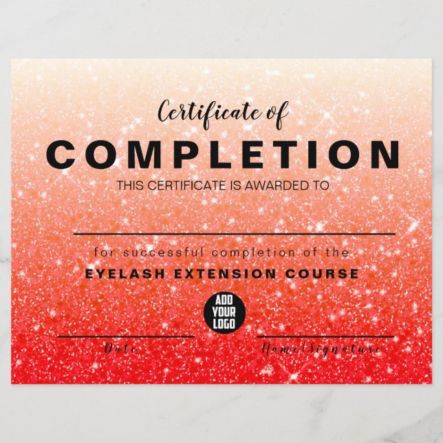 Modern Red Glitter Certificate of Completion (Front)