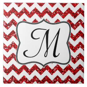 Modern Red Glitter Chevron Monogram Display Tile