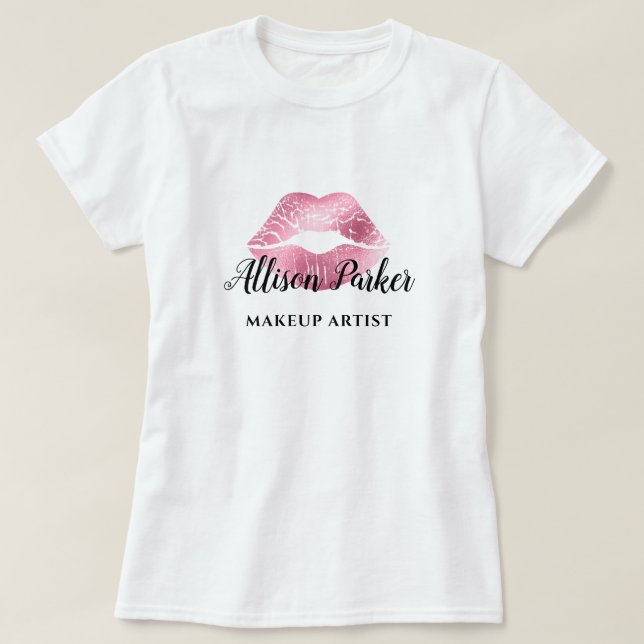 Modern Red Glitter Kiss Lip Makeup Artist T-Shirt (Design Front)