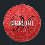 Modern red glitter monogram name dart board<br><div class="desc">Modern red glitter dart board with a white typography name and black monogram. Personalise with name and initial.</div>