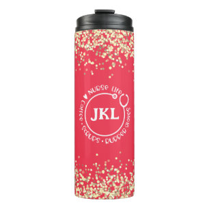 Modern Red Glitter Monogram Stethoscope Nurse  Thermal Tumbler