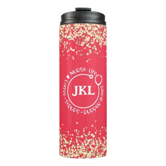 Modern Red Glitter Monogram Stethoscope Nurse  Thermal Tumbler (Front)