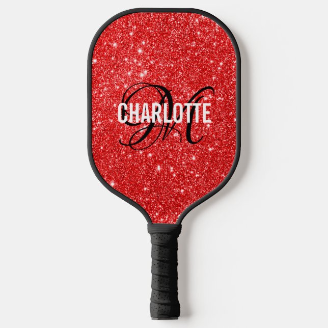 Modern red glitter script monogram name   pickleball paddle (Front)