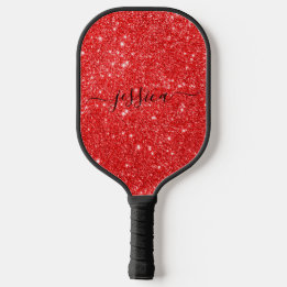 Modern red glitter script name  pickleball paddle
