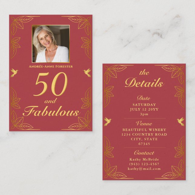 Modern Red Gold 50 Fabulous Birthday Enclosure Card (Front/Back)