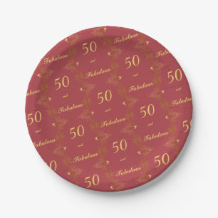 Modern Red Gold 50 Fabulous Birthday Paper Plate