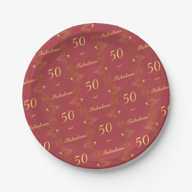 Modern Red Gold 50 Fabulous Birthday Paper Plate (Front)