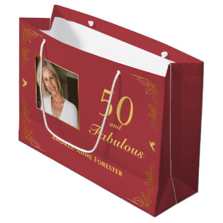 Modern Red Gold 50 Fabulous Birthday Photo Large Gift Bag