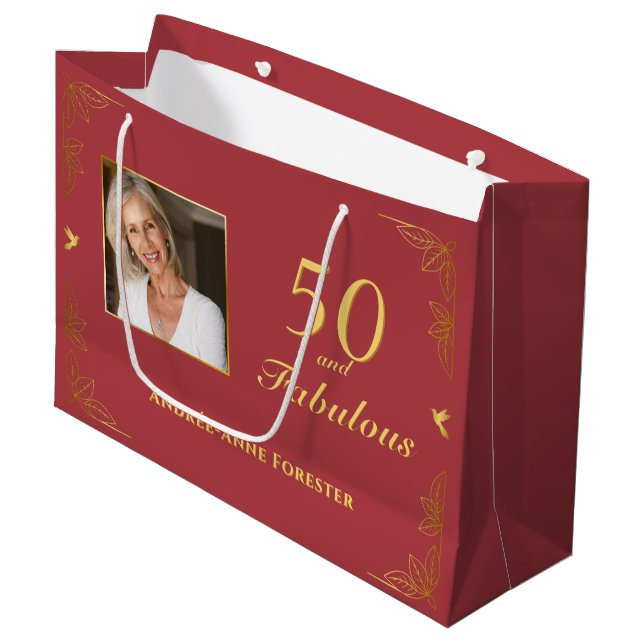 Modern Red Gold 50 Fabulous Birthday Photo Large Gift Bag (Front Angled)