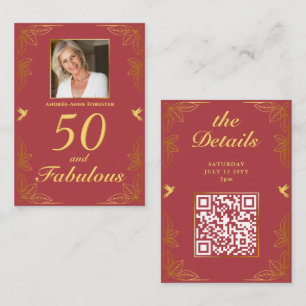 Modern Red Gold 50 Fabulous Birthday QR Code Enclosure Card