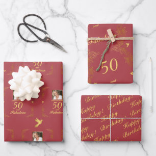 Modern Red Gold 50 Fabulous Birthday Wrapping Paper Sheet