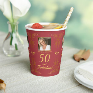 Modern Red Gold 50 Fabulous Photo Birthday Paper Cups
