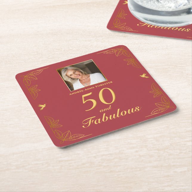 Modern Red Gold 50 Fabulous Photo Birthday  Square Paper Coaster (Angled)