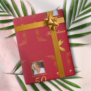 Modern Red Gold 50 Fabulous Photo Birthday Wrapping Paper