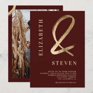 Modern red gold ampersand names photo wedding invitation