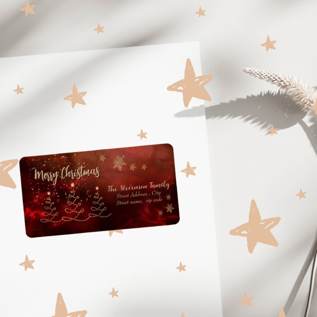 Modern Red Gold Christmas Tree  Label (Merry Christmas Trees Burgundy Returned Address Label)