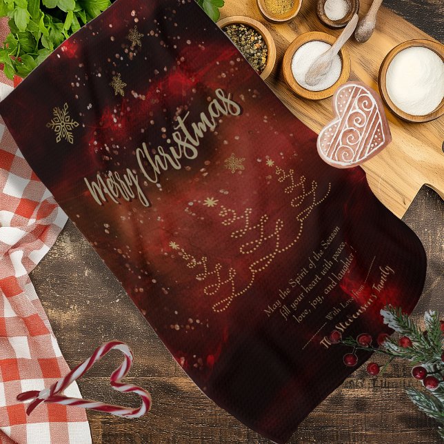 Modern Red Gold Christmas Tree Tea Towel (Modern Red Gold Christmas Tree Kitchen Towel)
