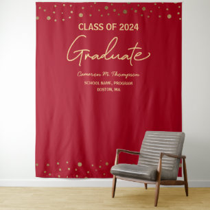Modern Red Gold Class of 2024 backdrop graduation Tapestry