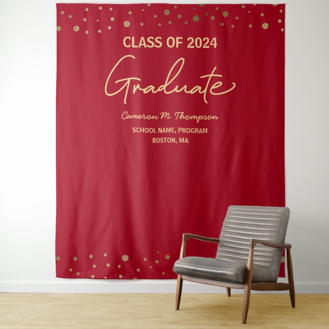 Modern Red Gold Class of 2024 backdrop graduation Tapestry (In Situ)