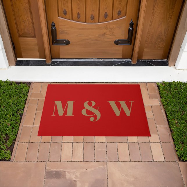 Modern red gold custom couple monogram initials  doormat (Outdoor)