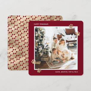 Modern Red Gold Dog Cat Owner Photo Holiday Card