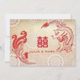 Modern Red Gold Dragon-Phoenix Chinese Wedding Invitation