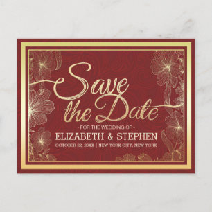 Modern Red Gold Floral Frame Wedding Save The Date Announcement Postcard