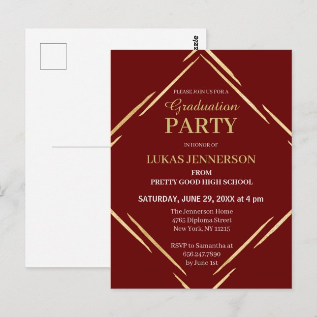 Modern Red Gold Geometric 2025 Graduation Party Postcard (Front/Back)