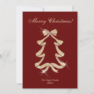 Modern Red Gold Glitter Bow Christmas Tree Photo Holiday Card
