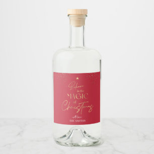 Modern Red Gold Glitter Elegant Script Christmas Liquor Bottle Label