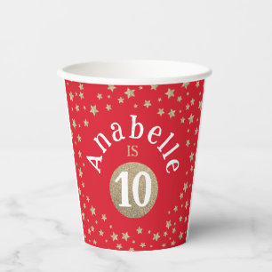 Modern Red Gold Glitter Galaxy Stars Birthday Paper Cups
