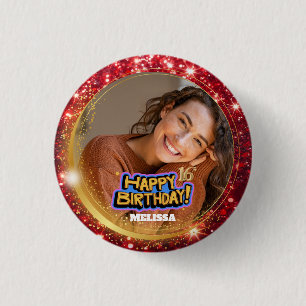 Modern Red &Gold Glitter Photo Name 16th Birthday 3 Cm Round Badge